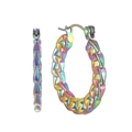 Pendientes de aro de acero inoxidable arcoíris con textura de cadena cubana para mujer - Blanco AB