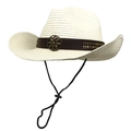 Detail of straw cowboy hat with decorative leather band and vintage bronze floral emblem - M (56-58cm) / Creamy White