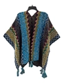 Ethnic knit shawl with colorful wave patterns and fringe tassels in a bohemian style - Cardigans / Aqua