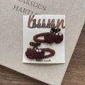Set of two cute dark brown plush puppy hair clips with bow and pearl eyes - Dark Coffee Cherry Snap Clip