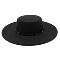 Classic black flat top wide brim wool felt hat with silver and gold metal rivet band - M (56-58cm) / Black