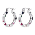 Elegant silver U-shaped hoop earrings with colorful zircon stones on a white background - Platinum Multi Zirconia