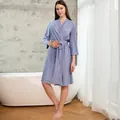 Women's fog blue waffle knit bathrobe with long sleeves and a matching tie belt - Women-Fog Blue