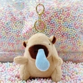 Cute Capybara plush keychain with funny blue bubble nose and gold metal clip on pastel foam - Runny Nose Light Brown + Gold Clip