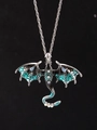 Macro detail of winged dragon pendant with green scales and sparkling crystals on chain - Necklace / Sky Blue (N-1124)