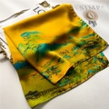 Golden silk square scarf featuring traditional landscape art and smooth texture - Square / Green Landscape View (FJ666-1)