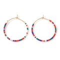 Bohemian colorful seed bead gold hoop earrings in shades of red, green, and purple - Multicolor