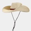 Detail of cream straw cowboy hat featuring brown leather band and adjustable wind rope - One Size(58cm) / Beige
