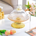 Detail of European fruit tray with gold base, transparent dome lid and flower handle - Amber Lantern Top (S)