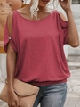 Close-up of cut-out shoulder detail and decorative button on deep pink knit T-shirt - S / Pink