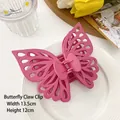 Matte fuchsia butterfly hair claw clip with double-layer hollow wings 13.5cm wide - Rose Red