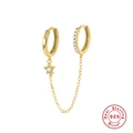 S925 sterling silver gold double hoop earrings with star pendant and zircon chain - Gold - Star Style