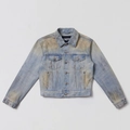 Slim fit washed denim jacket in light blue with vintage distressed stained effect - S / Lake Blue