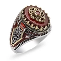 Retro geometric oval ring for men featuring brown stone and two-tone crown metal details - Vintage Ethnic Red Brown Gemstone (HJZ22015)