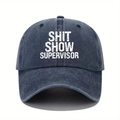 Unisex washed navy cotton baseball cap featuring Shit Show Supervisor text print - One Size / Navy Blue