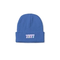 Detail of blue knitted beanie featuring colorful bears and Japanese text embroidery - M (56-58cm) / Denim Blue