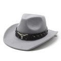 Detail of grey wool cowboy hat with leather band and silver bull head metal emblem - M (56-58cm) / Gray