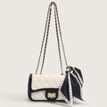 Elegant white quilted leather crossbody bag with black trim and gold chain strap - Black