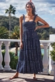 Navy blue sleeveless tiered maxi dress with pink checkered print and smocked bodice - Navy Blue Polka Dot