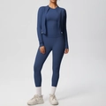 Three-piece slimming blue yoga set including zip-up jacket, vest and high-waist leggings - S / Navy Blue