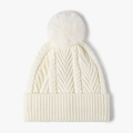 Winter knit beanie for women in cream white with faux fur pom pom and cable stitch pattern - Cream