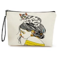 Beige canvas cosmetic bag featuring artistic girl and cat illustration with wrist strap - Girl and Calico Cat (xy-084-2) / With Strap