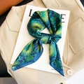Dark green silk-feel square scarf with yellow floral pattern and blue border edge - 104 Square Scarves / 65
