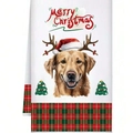 Christmas dish towel featuring a Golden Retriever illustration and festive plaid border - Mjbt66-8（1pc)