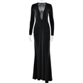 Elegante abito nero a maniche lunghe con profondo scollo a V, vita arricciata e a sirena - S / Nero