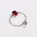 Adjustable silver chain ring with red oval gemstone and heart charm detail - Red Zirconia-Platinum