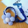 Braided phone wrist strap with purple fabric flower and blue climbing carabiner - Navy White Style (With Blue Patch)