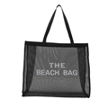 Large capacity black mesh beach tote bag with grey THE BEACH BAG text and carry handles - Black With White Lettering