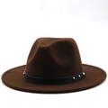 Detail of dark brown wool felt fedora featuring a black leather band with silver rivets - M (56-58cm) / Coffee