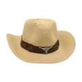 Χειροποίητο πλεκτό ψάθινο καπέλο cowboy με δερμάτινη κορδέλα και ασημένια κεφαλή ταύρου - Στυλ Μεταλλικό Κεφάλι Ταύρου Με Κεντημένο Λουλούδι / Μπεζ