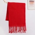 Solid red mohair scarf with soft fringe edges hanging on a decorative branch - Red