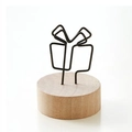 Vintage wooden card holder with black wire gift box shape and round rustic base - Gift