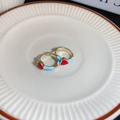 Golden heart-shaped hoop earrings with red center and light blue enamel finish - 7 Ear Hook - Blue
