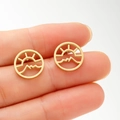 Gold stainless steel round earrings with hollow mountain and sun landscape design - Gold