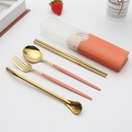 Portable stainless steel cutlery set with orange handles and gold finish in a storage box - Type B Orange+Gold