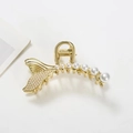 Detailed view of elegant gold fishtail hair claw clip with multiple white pearls - Fish Tail Style (F-014)