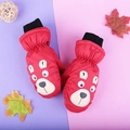 Waterproof red cartoon bear mittens for kids aged 3-10 with warm ribbed cuffs - One Size / Red Bear / 3-6 Years