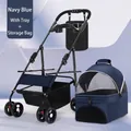 Foldable navy blue pet stroller with detachable carrier and black frame including snack tray - With Tray + Storage Bag / Navy Blue (Separable)