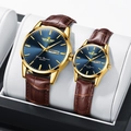 KINGNUOS quartz watch with golden case, blue dial, and brown leather strap for men - Brown Strap Gold Case Blue Dial