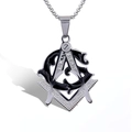 Detailed view of silver Freemason pendant with black enamel, compass symbol, and six rhinestones - Steel Color (Without Chain) (C0101-1)