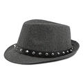 Dark grey wool fedora hat with black leather rivet belt buckle for autumn winter - Pointed Rivet Belt Style / Gray