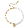S925 sterling silver bracelet with baroque pearl and golden heart pendant for women - Gold Heart Pearl Patchwork (GPB17-14K)