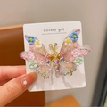 Pink butterfly hair clip with colorful 3D flowers and sparkling rhinestones - Single Butterfly with Small Flowers (F0011) / Colorful