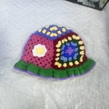 Multicolor handmade crochet bucket hat featuring vibrant floral knit patterns on a white base - M (56-58cm) / Daisy Green Purple Edge