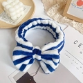Blue and white striped plush headband with large bow for face washing and makeup - Black & White Stripes