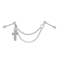 Silver stainless steel industrial barbell earring with double chains and a cross charm - Zircon Cross Style